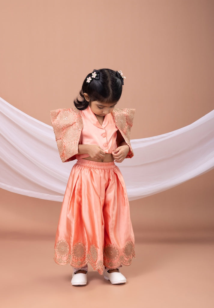 Peach Laple Collar Attached Cord And Zari Embroidered Blouse With Embroidered Plazo Set