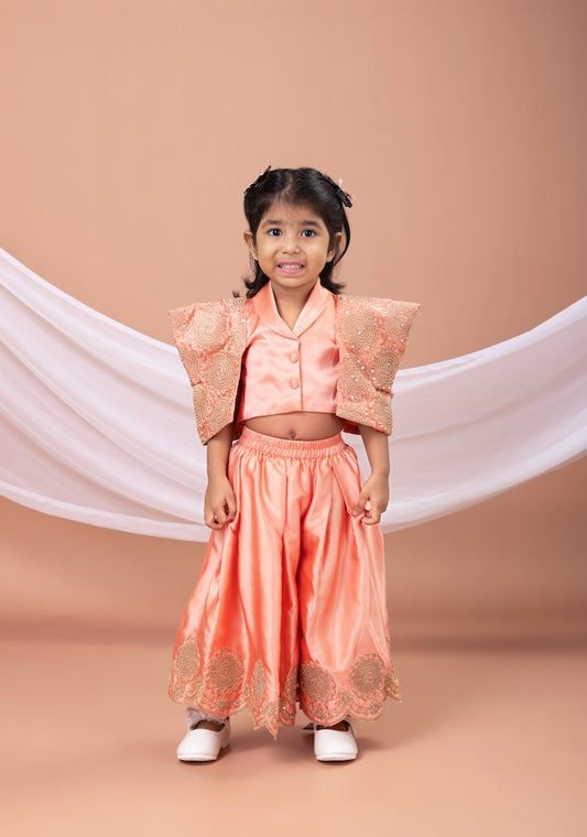 Peach Laple Collar Attached Cord And Zari Embroidered Blouse With Embroidered Plazo Set