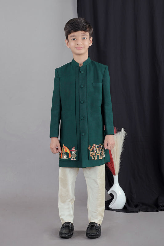 Bottle Green Front Open Palki Embroidery Sherwani With Bottom Set
