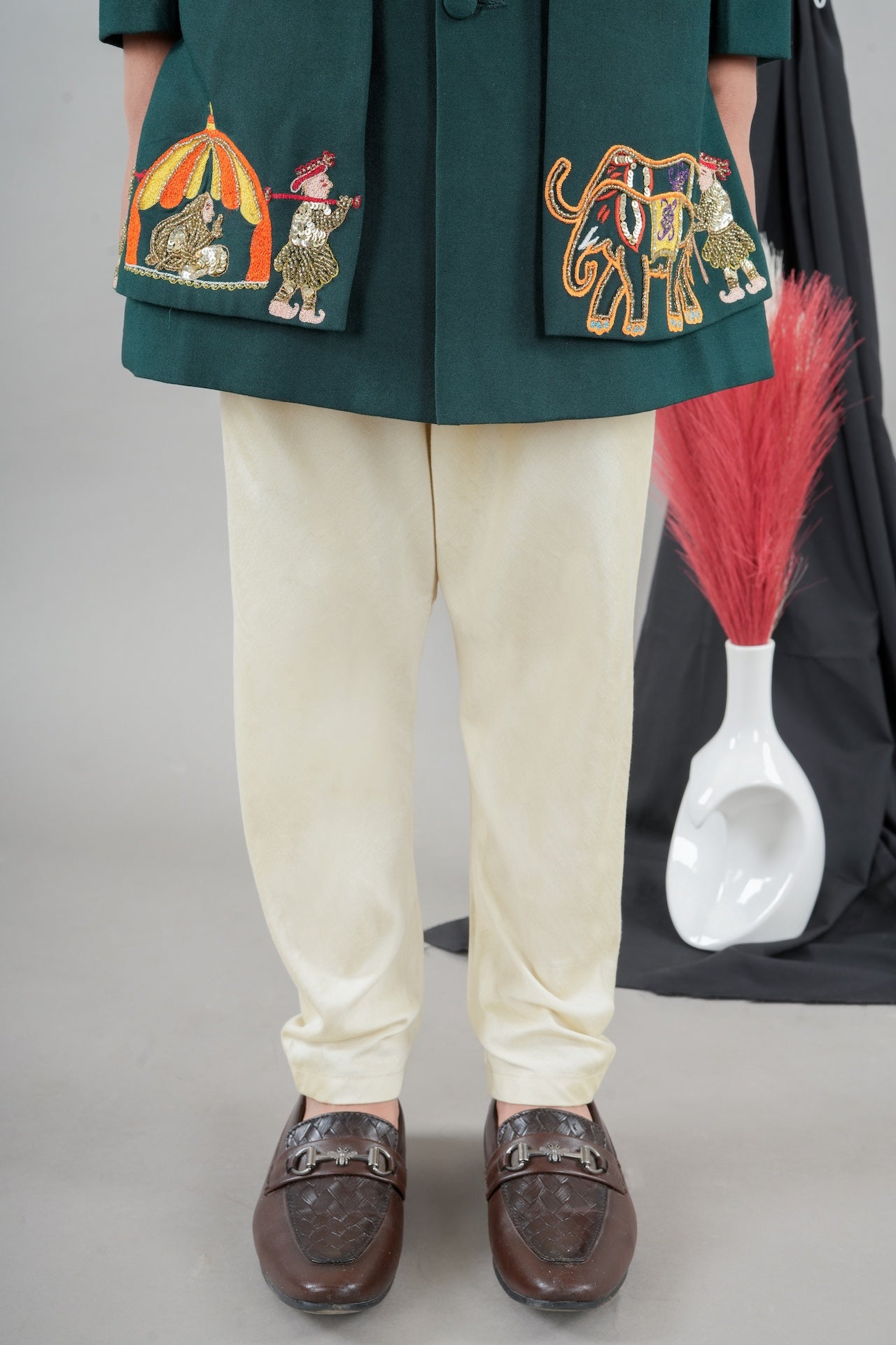 Bottle Green Front Open Palki Embroidery Sherwani With Bottom Set