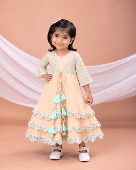Peach And Aqua Green Heavy Embroiderey Gown