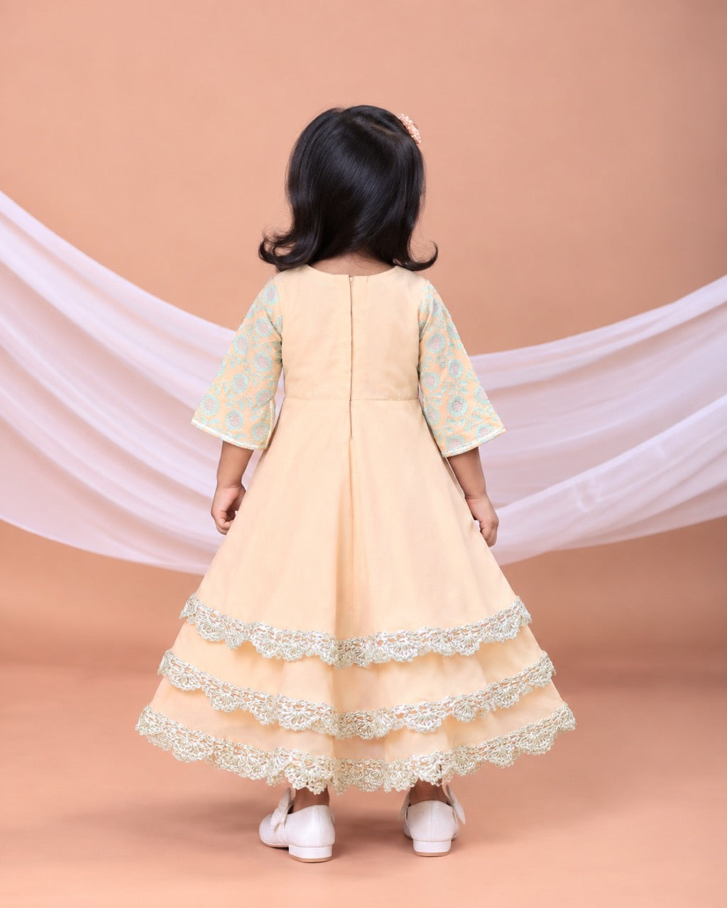 Peach And Aqua Green Heavy Embroiderey Gown