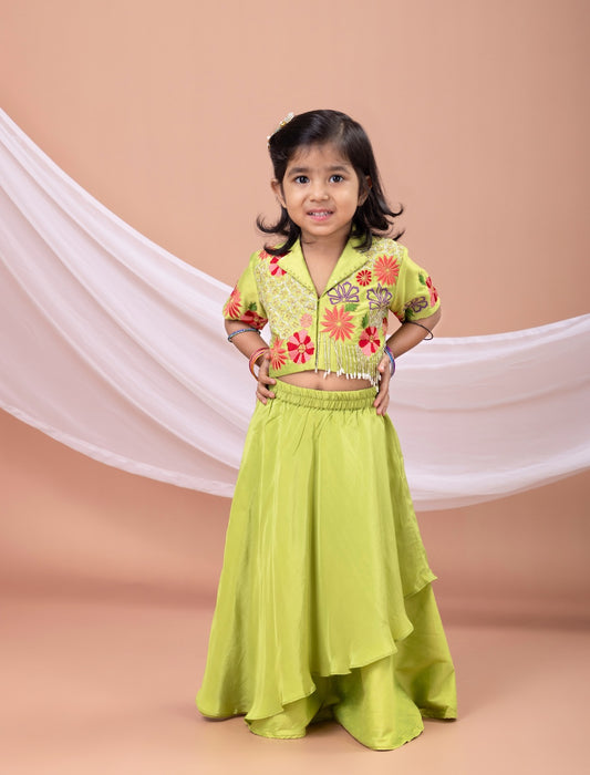 Parrot Green Mix Heavy Embroidered Blouse With Asymmetrical Ghagara Set