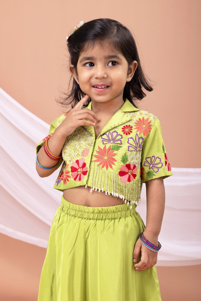 Parrot Green Mix Heavy Embroidered Blouse With Asymmetrical Ghagara Set
