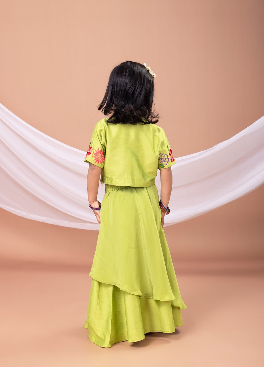 Parrot Green Mix Heavy Embroidered Blouse With Asymmetrical Ghagara Set