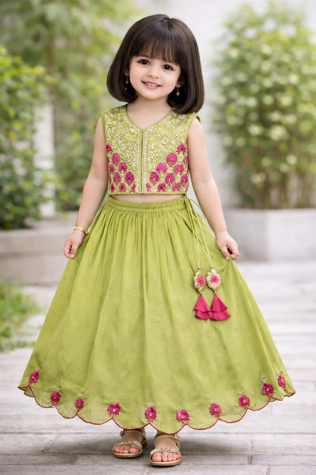 Parrot Green Heavy Zari And Thread Embroidered Blouse With Ghagara Set