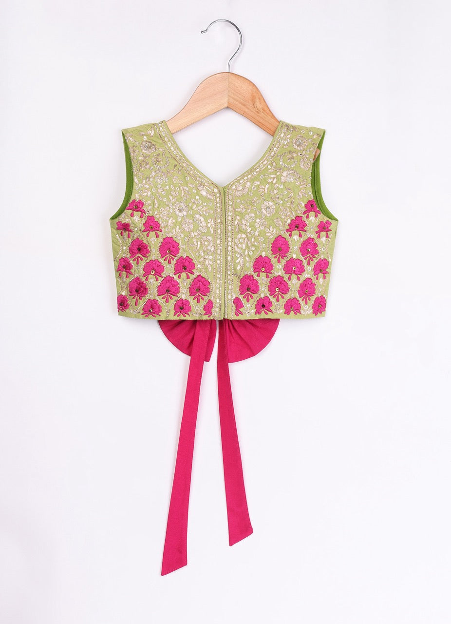 Parrot Green Heavy Zari And Thread Embroidered Blouse With Ghagara Set