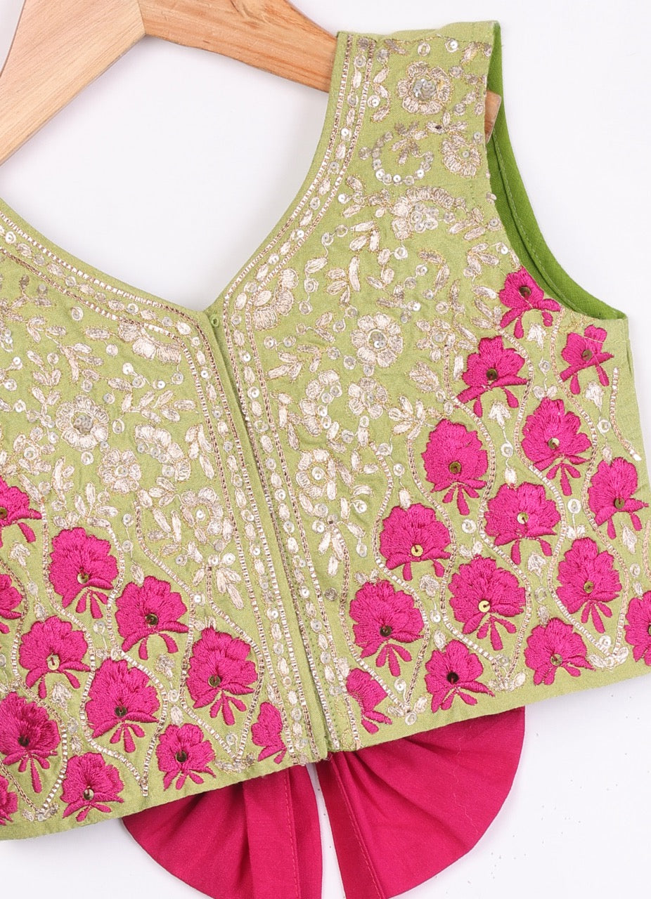 Parrot Green Heavy Zari And Thread Embroidered Blouse With Ghagara Set