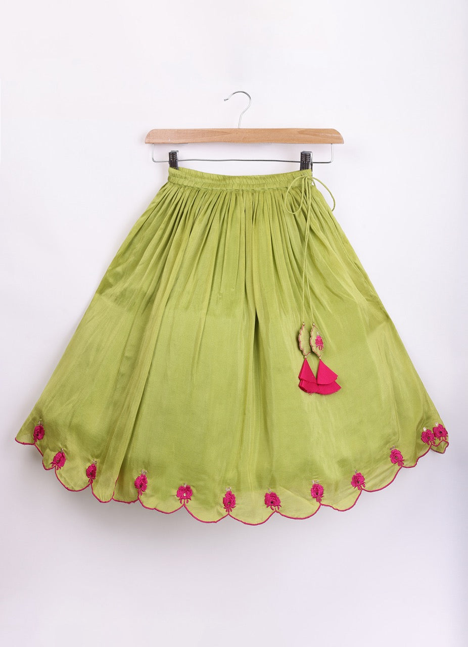 Parrot Green Heavy Zari And Thread Embroidered Blouse With Ghagara Set