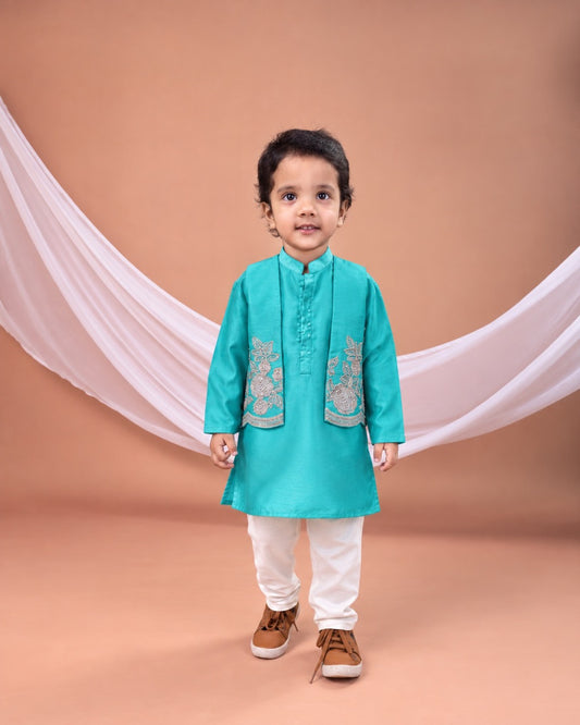 Peacock Green Kurta With Embroidered Open Jacket With Hand With Bottom Set