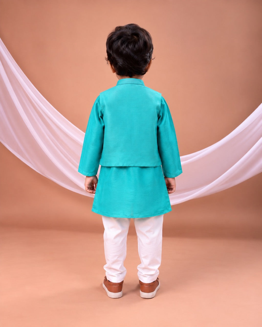 Peacock Green Kurta With Embroidered Open Jacket With Hand With Bottom Set