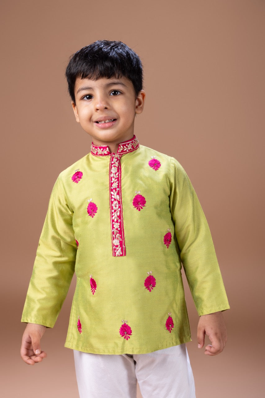 Parrot Green Kurta Thread And Zari Embroidery Kurta With Pajama Set