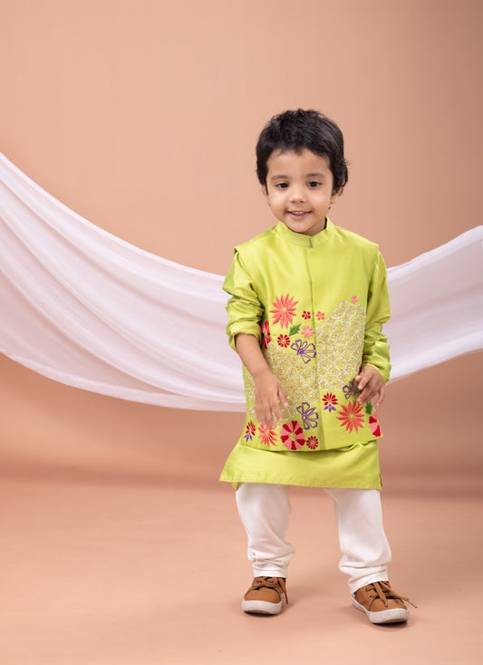 Parrot Green Kurta With Mix Heavy Embroidered Bundi Jacket With Pajama Set