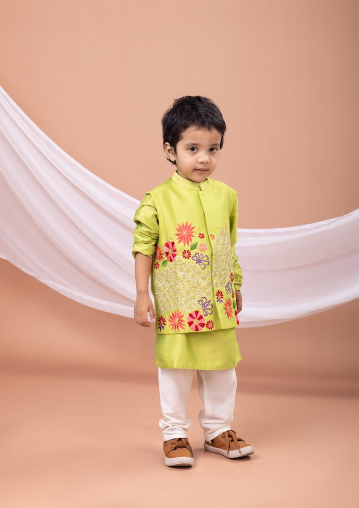 Parrot Green Kurta With Mix Heavy Embroidered Bundi Jacket With Pajama Set