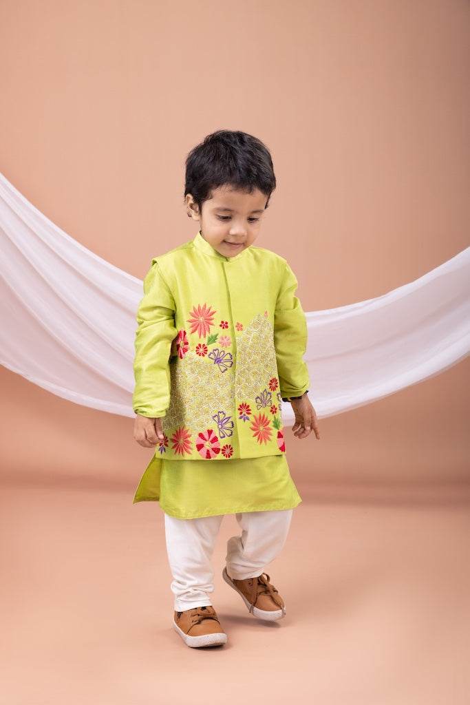 Parrot Green Kurta With Mix Heavy Embroidered Bundi Jacket With Pajama Set