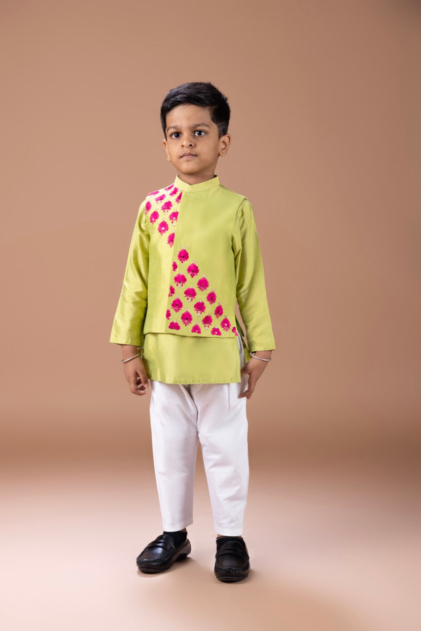 Parrot Green Kurta With Bird Thread And Zari Embroidery Bundi Jacket With Pajama Set
