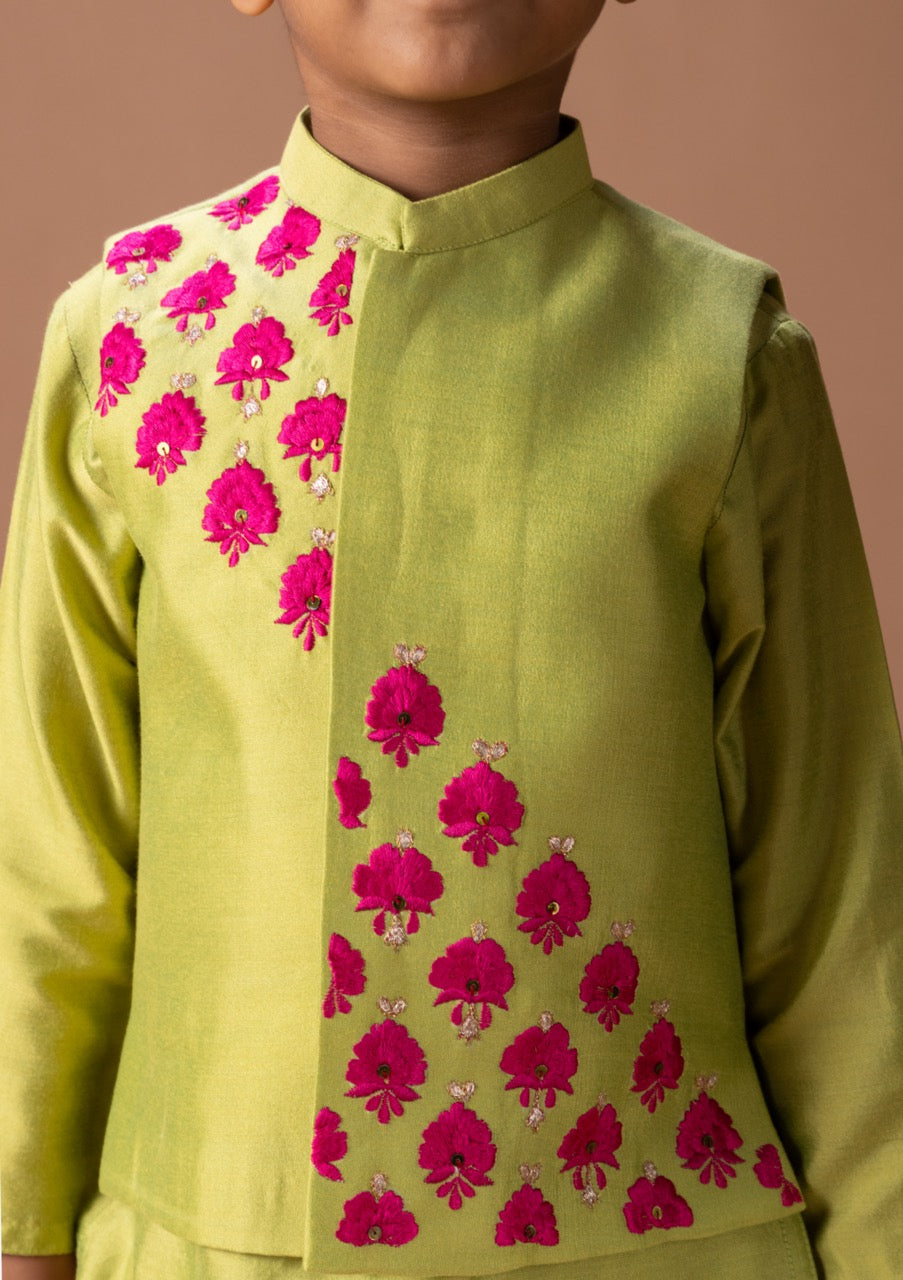 Parrot Green Kurta With Bird Thread And Zari Embroidery Bundi Jacket With Pajama Set