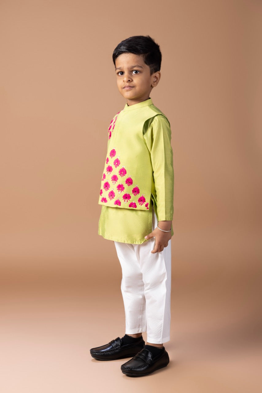 Parrot Green Kurta With Bird Thread And Zari Embroidery Bundi Jacket With Pajama Set