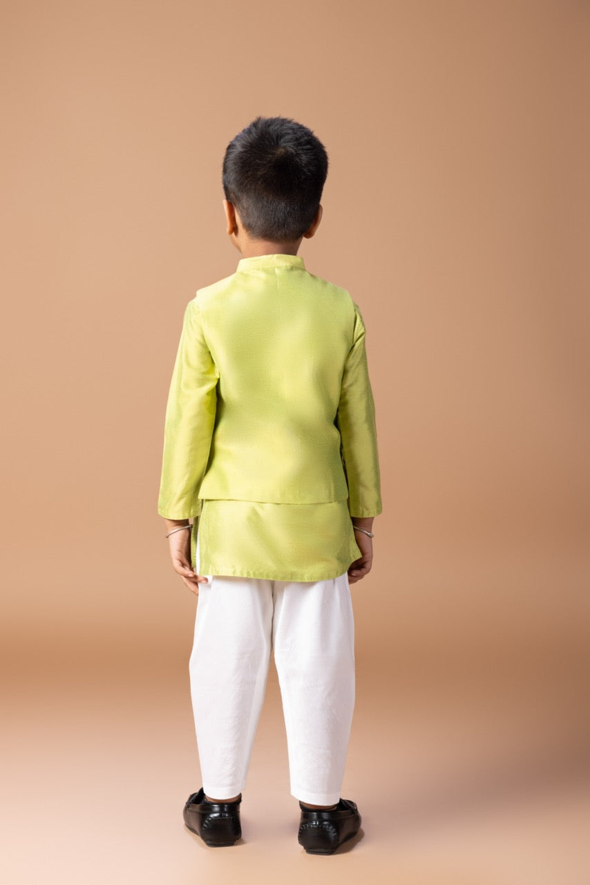 Parrot Green Kurta With Bird Thread And Zari Embroidery Bundi Jacket With Pajama Set