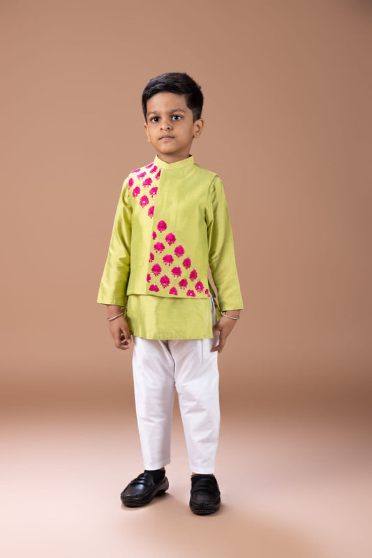 Parrot Green Kurta With Thread And Zari Embroidery Bundi Jacket With Pajama Set