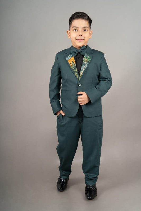 Pine Green Laple Cheata Embroidered Suit/shirt/pant With Bow Tie Set