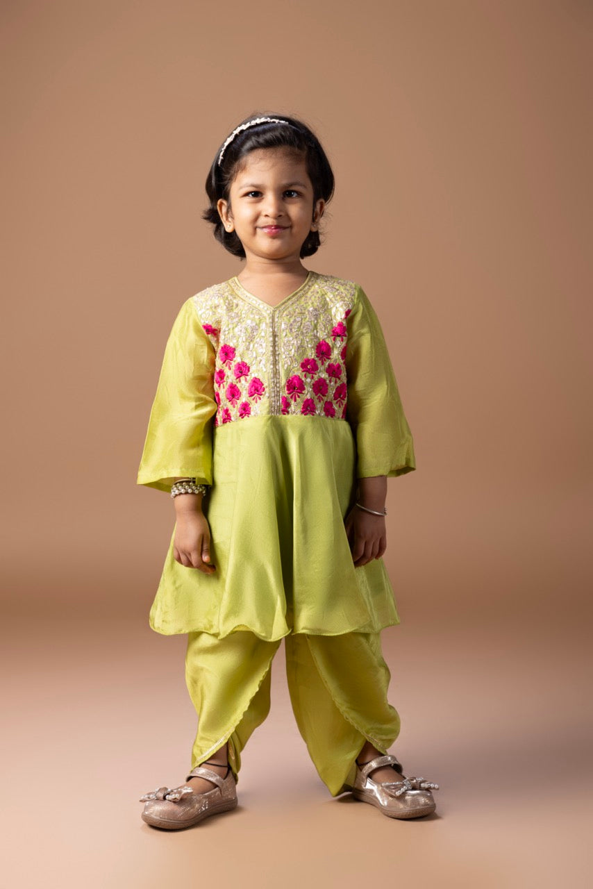 Parrot Green Heavy Zari And Thread Embroidery Peplum Top With Dhoti Pant Set