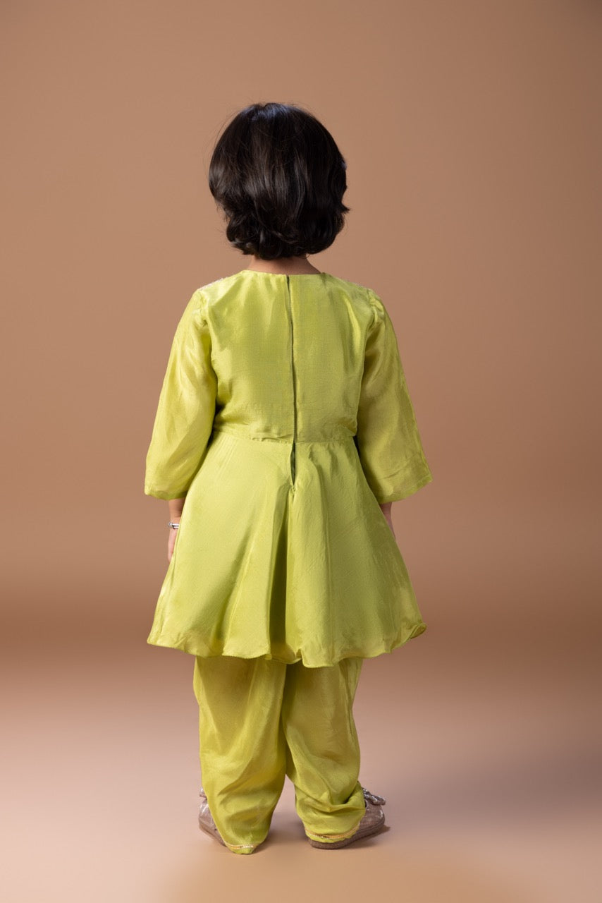 Parrot Green Heavy Zari And Thread Embroidery Peplum Top With Dhoti Pant Set