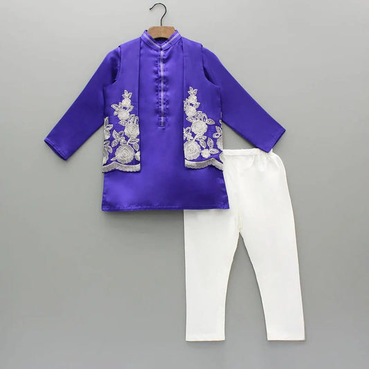 Purple Kurta With Embroidered Open Jacket With Bottom Set