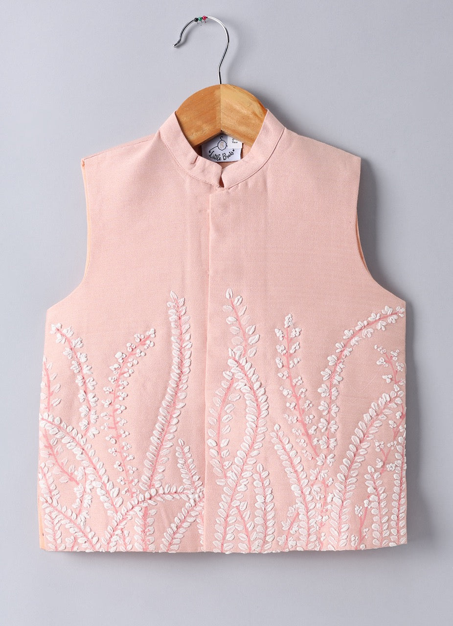 Peach Kurta With Leafs Hand Painted Embroidery Bundi Jacket With Pajama Set
