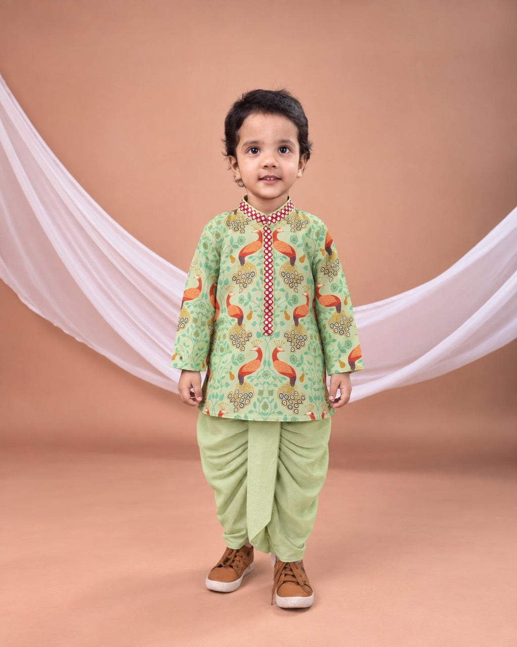 Pista Green Peacock Printed Kurta With Plain Dhoti Set