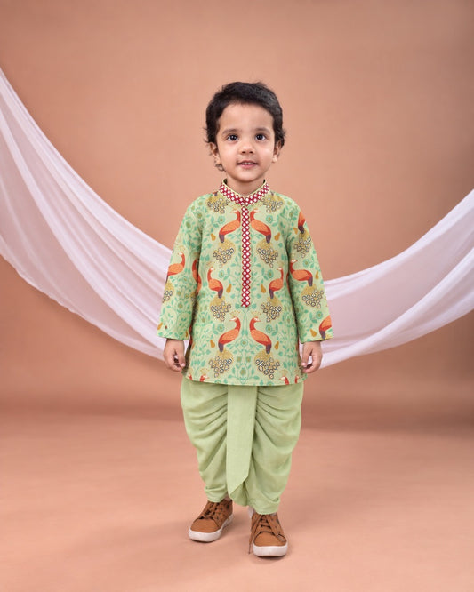 Pista Green Peacock Printed Kurta With Plain Dhoti Set