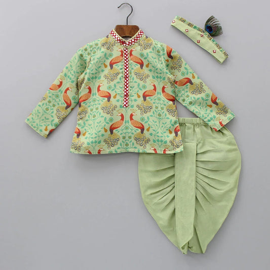 Pista Green Peacock Printed Kurta With Plain Dhoti Set