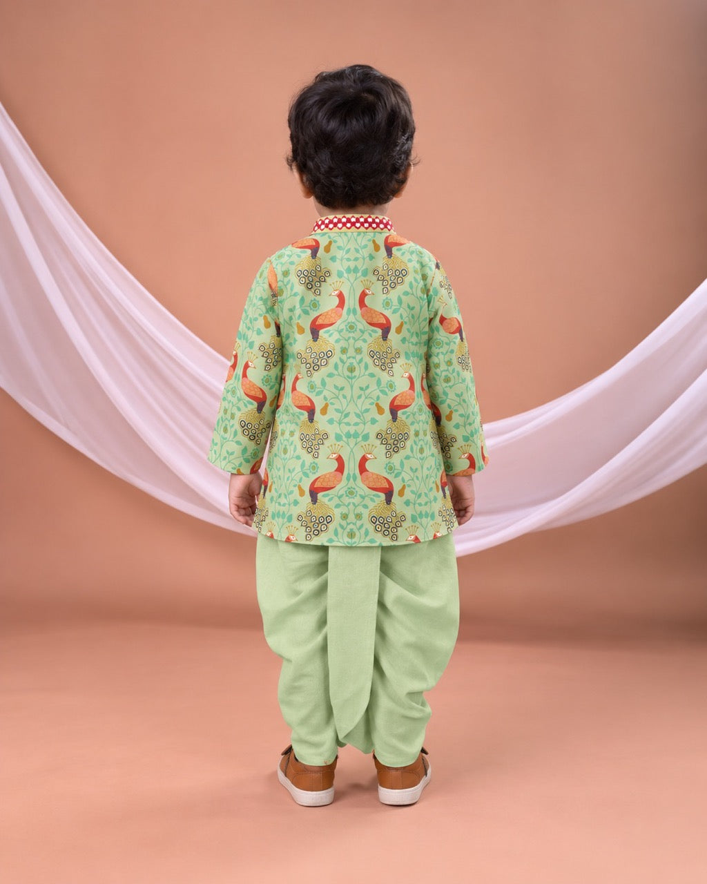 Pista Green Peacock Printed Kurta With Plain Dhoti Set