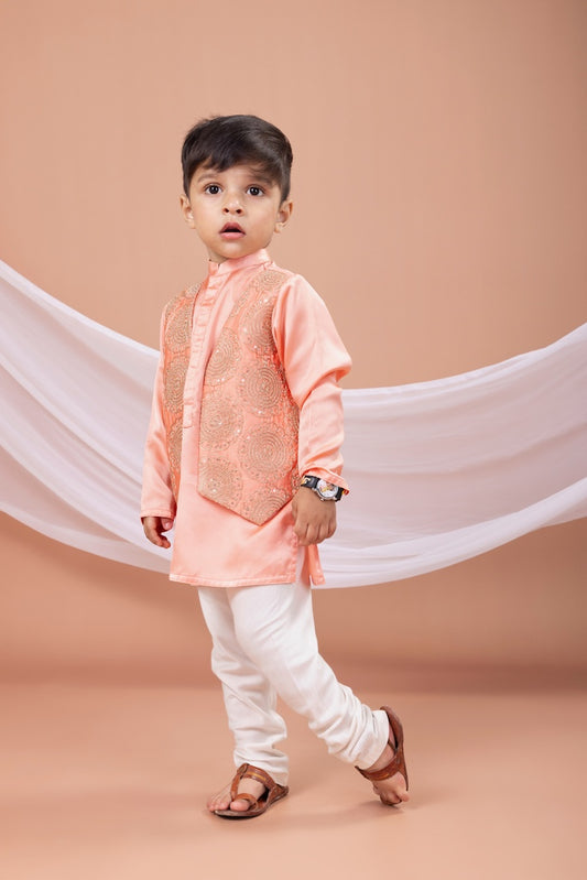 Peach Plain Kurta With Cord Zari Heavy Embroidered Open Jacket With Pajama Set