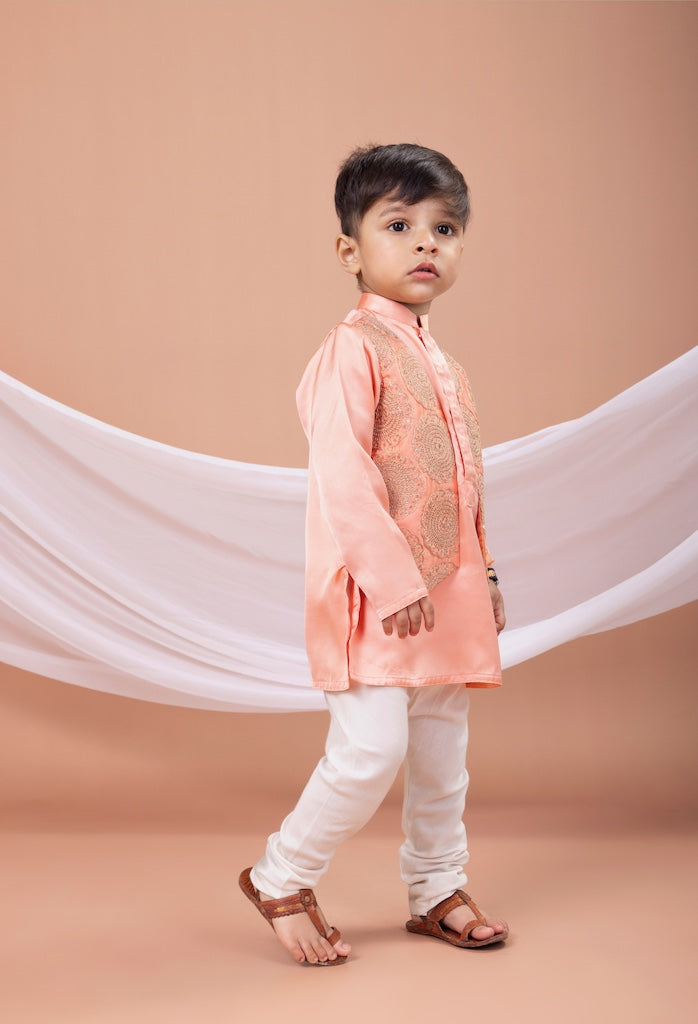 Peach Plain Kurta With Cord Zari Heavy Embroidered Open Jacket With Pajama Set