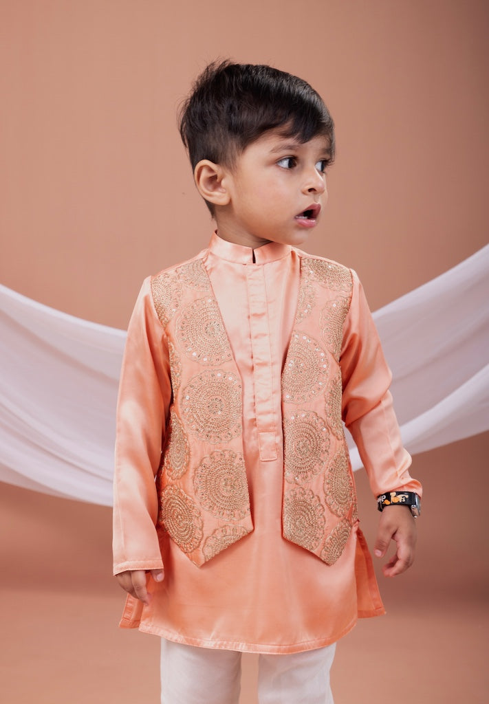 Peach Plain Kurta With Cord Zari Heavy Embroidered Open Jacket With Pajama Set
