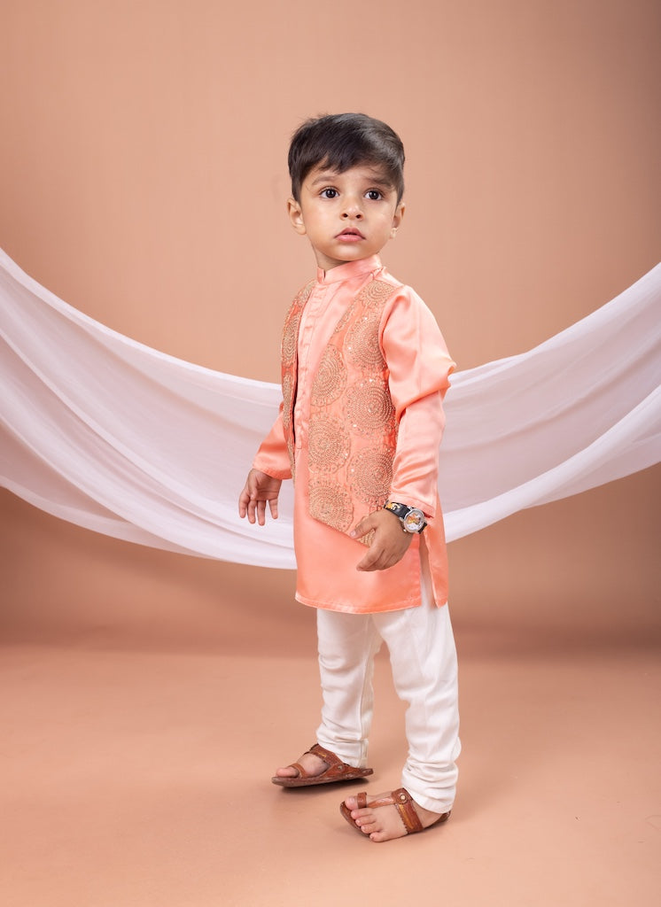 Peach Plain Kurta With Cord Zari Heavy Embroidered Open Jacket With Pajama Set