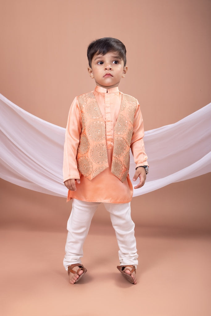 Peach Plain Kurta With Cord Zari Heavy Embroidered Open Jacket With Pajama Set