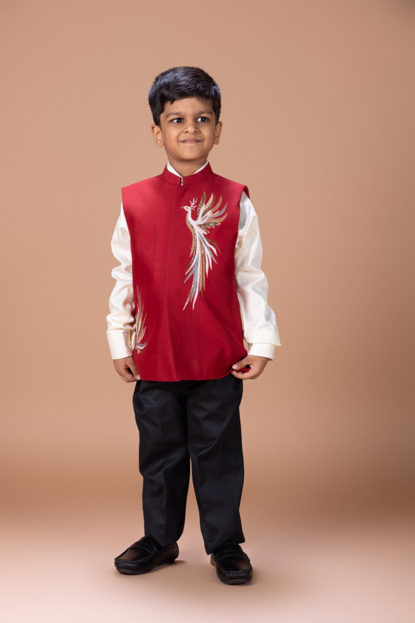 White Shirt With Phoenix Multicolour Embroidery Bundi Jacket With Pant Set