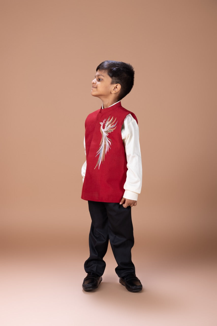 White Shirt With Phoenix Multicolour Embroidery Bundi Jacket With Pant Set