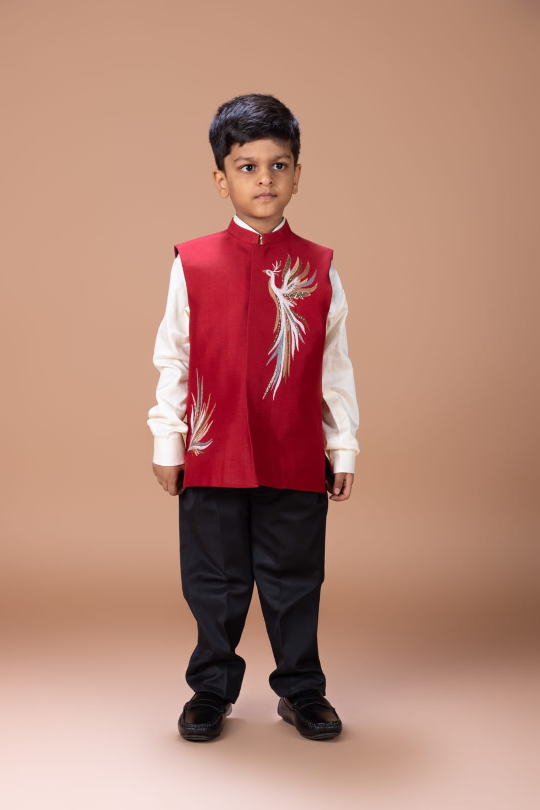 White Shirt With Phoenix Multicolour Embroidery Bundi Jacket With Pant Set