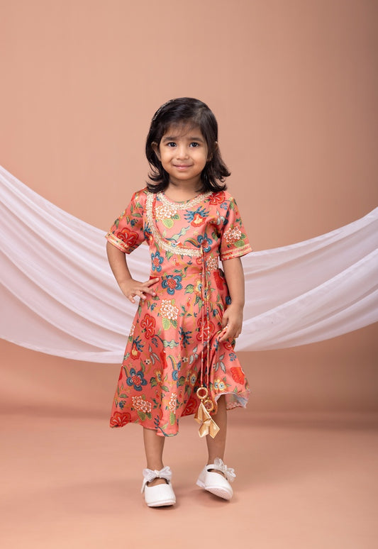 Peach Flower Printed Embroidered Anarkali Dress