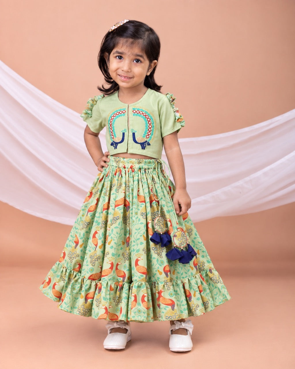 Pista Green Peacock Print And Embroidered Blouse With Ghagara Set