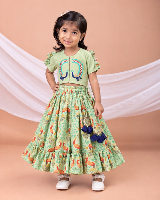 Pista Green Peacock Print And Embroidered Blouse With Ghagara Set