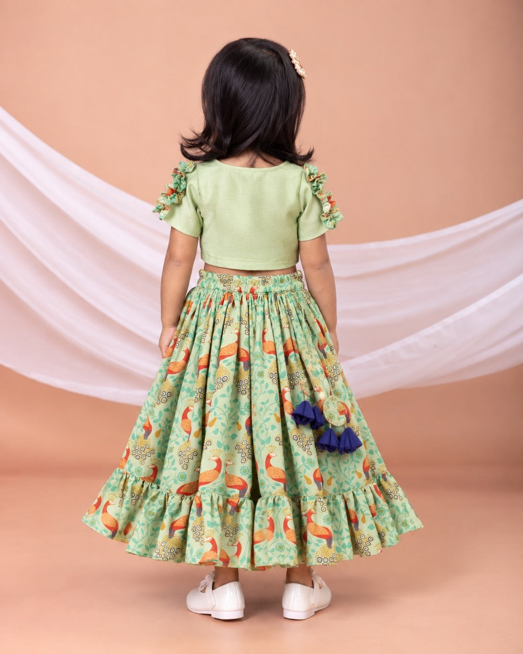 Pista Green Peacock Print And Embroidered Blouse With Ghagara Set