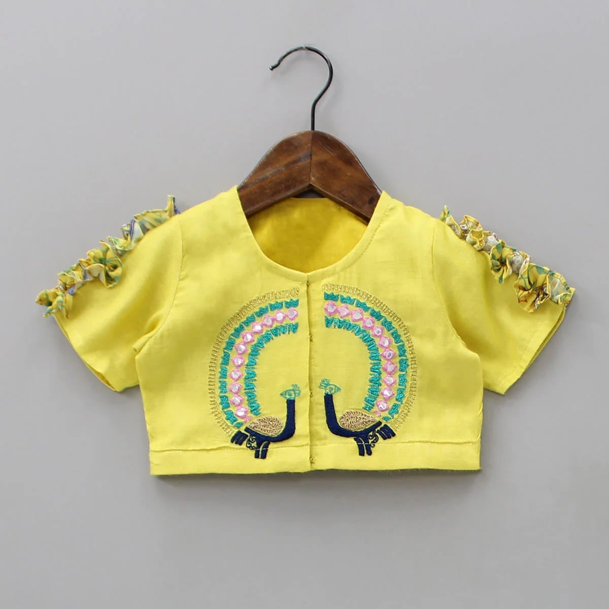 Yellow Peacock Print And Embroidered Blouse With Ghagara Set
