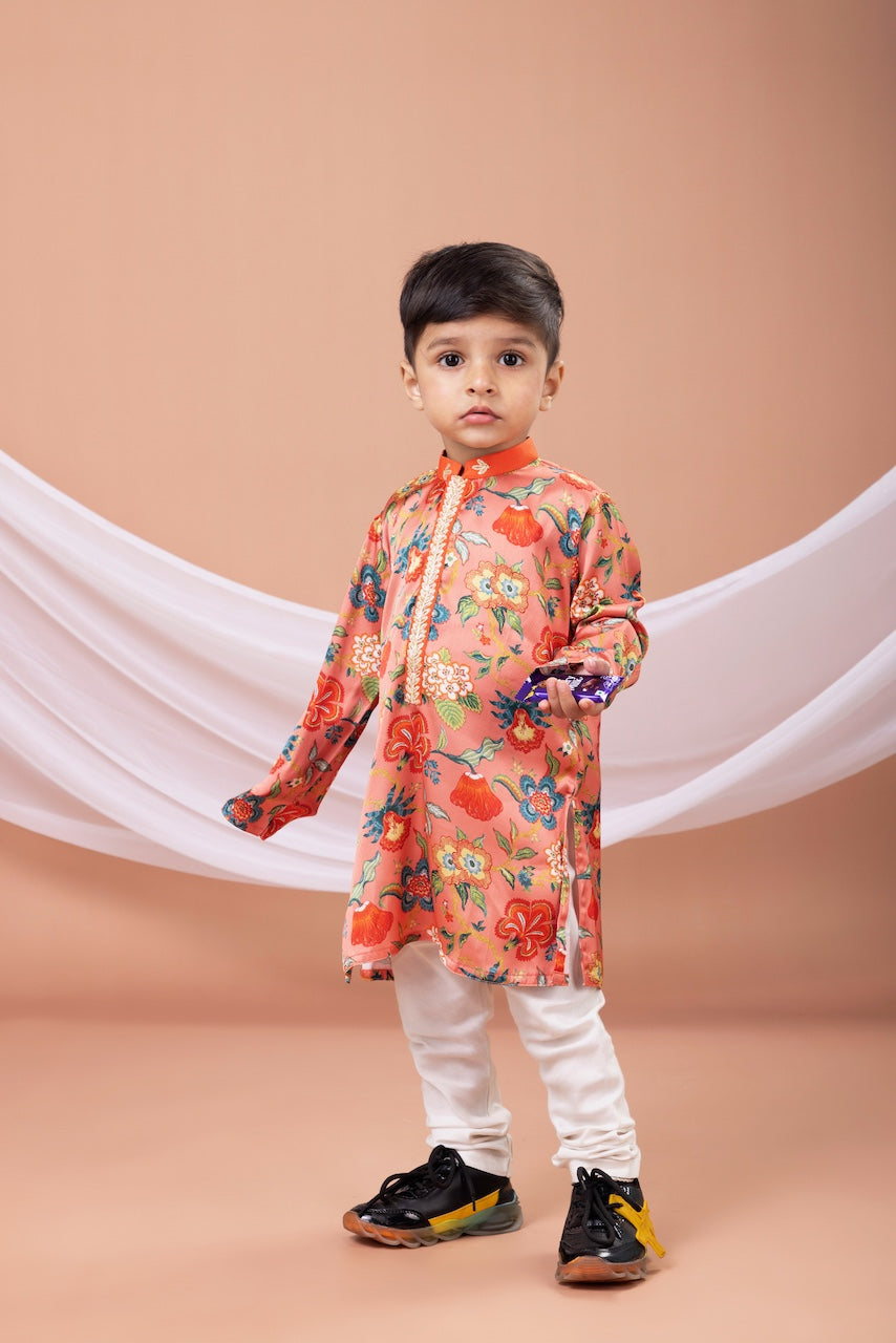 Peach Flower Printed Kurta With Pajama Set