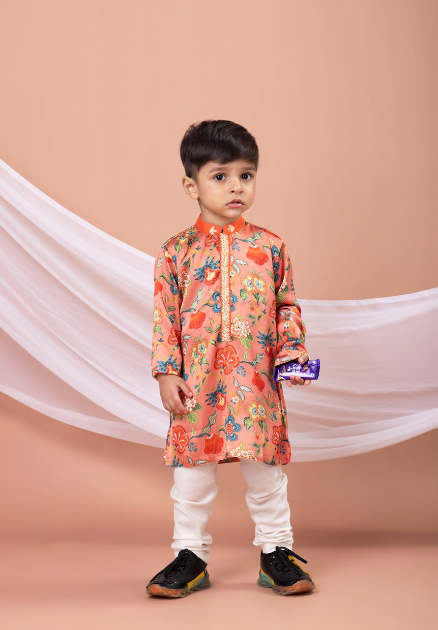 Peach Flower Printed Kurta With Pajama Set