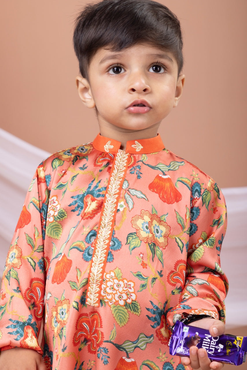 Peach Flower Printed Kurta With Pajama Set