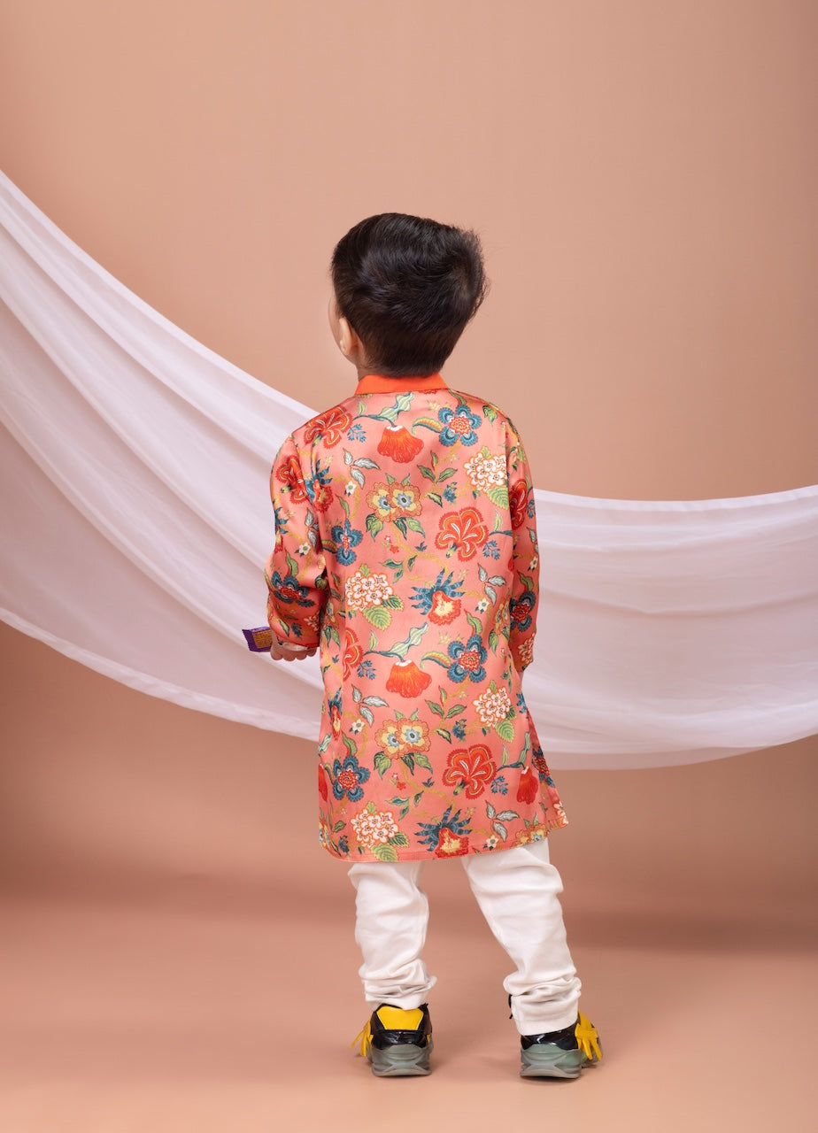 Peach Flower Printed Kurta With Pajama Set